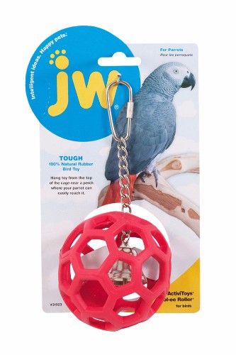 Colorful spherical bird toy made of natural rubber, designed for foraging and mental stimulation, with a tiny bell inside.