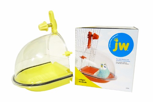 Brightly colored JW Insight Bird Bath with clear cover, designed for small to medium bird cages for easy bathing access.