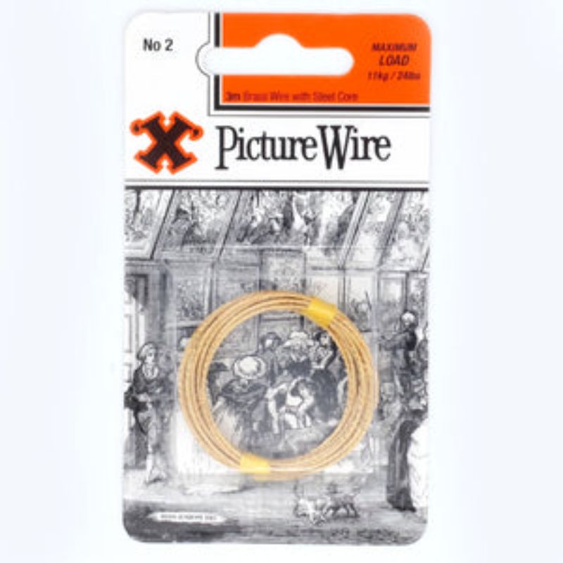 Brass picture wire with steel core, 11kg capacity; ideal for securely hanging art and frames with loops or rings.