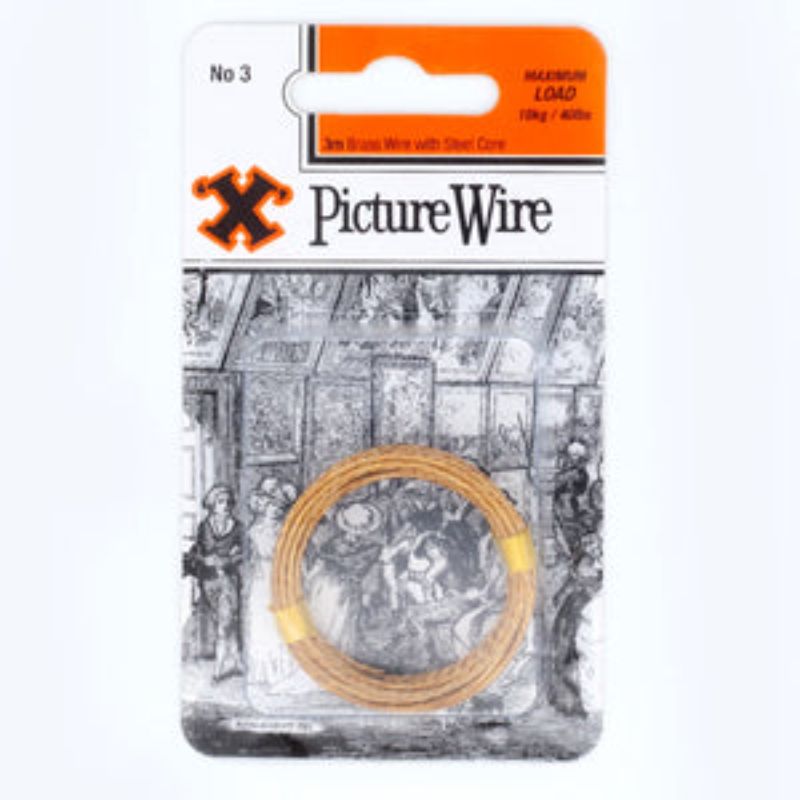 Durable picture wire with brass exterior and steel core, supports 18kg for secure artwork and frame display.