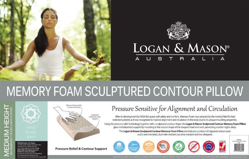 Memory Foam Sculptured Pillow in white by Logan & Mason, featuring visco-elastic foam for optimal support and comfort.