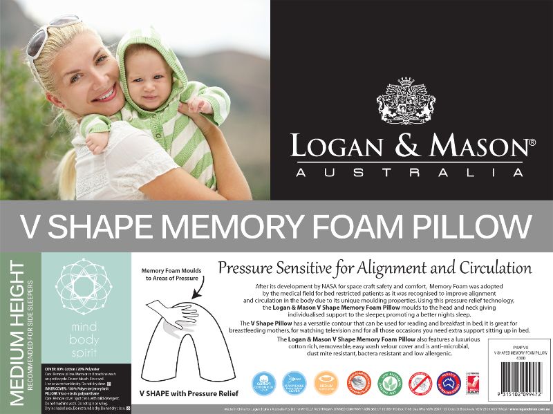 V Shape Memory Foam Pillow (White) by Logan & Mason  *CLEARANCE PRICE*