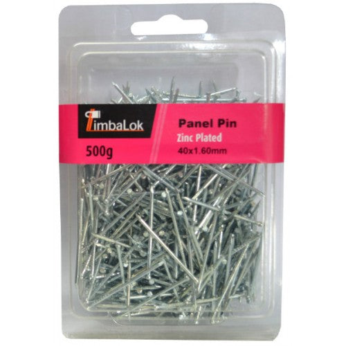 Panel Pins - Plated 500gm: Durable 40mm nails with zinc coating, ideal for woodworking, joinery, and concealed finishes.