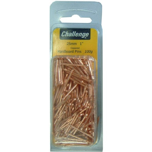 Hardboard pins in a blister pack, 25mm long, designed for easy deep driving into wood for secure fastening.