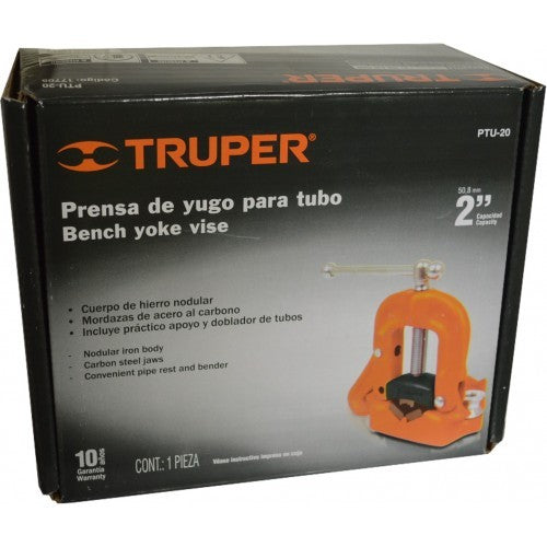 Truper Pipe Vice-Hinged, 50mm capacity, durable nodular iron, toothed carbon steel jaws, ideal for metalworking tasks.