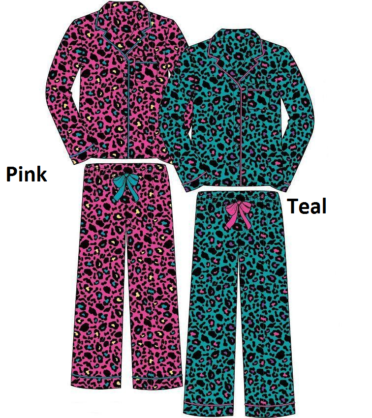 Pink flannelette pajamas with allover print, pocket, contrast buttons, and elastic waist, perfect for year-round sleepwear.