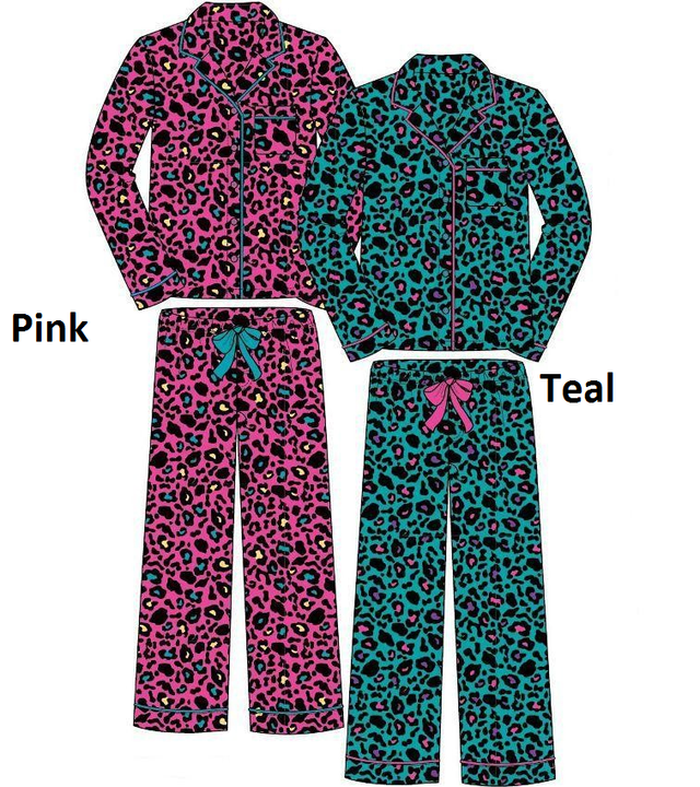 Pink flannelette pajamas with allover print, pocket, contrast buttons, and elastic waist, perfect for year-round sleepwear.