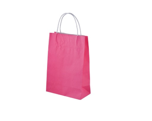 Vibrant pink kraft paper bags with twist handles, 29 x 20 cm, eco-friendly and ideal for retail or gifts. Pack of 250.