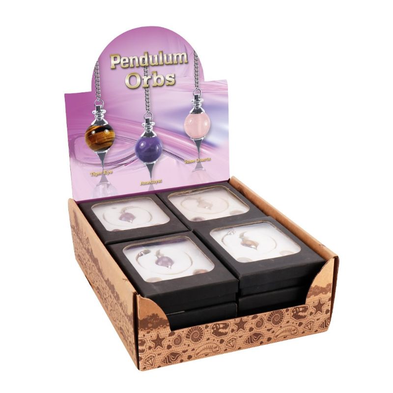 A box of 12 gemstone pendulum orbs, each 2cm, for divination, energy work, and spiritual growth.