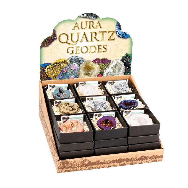 Vibrant Aura Quartz Geodes in a box of 18, perfect for decor, meditation, and crystal healing enthusiasts.