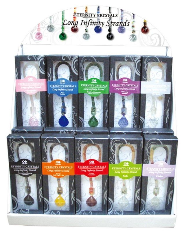 Box of 20 Eternity Crystals featuring 3cm colored gemstone spheres on 30 cm strands for elegant decor and event styling.