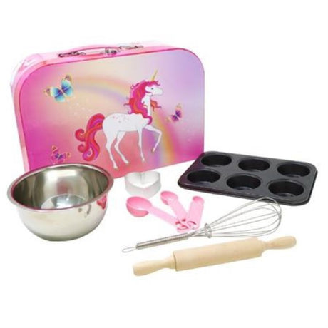 Kids baking set featuring unicorn and butterfly designs, includes 7 tools in a portable case for creative culinary fun.