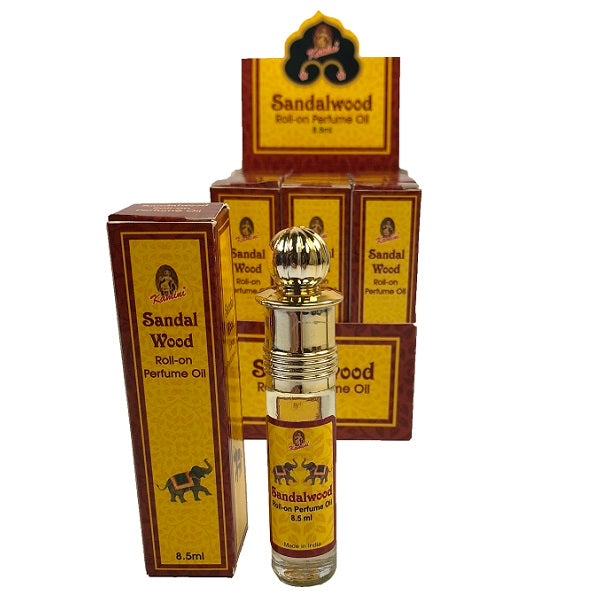 Set of 12 Sandalwood Perfume Oil 8.5ml roll-ons, featuring calming, woody scent ideal for daily wear and self-care.