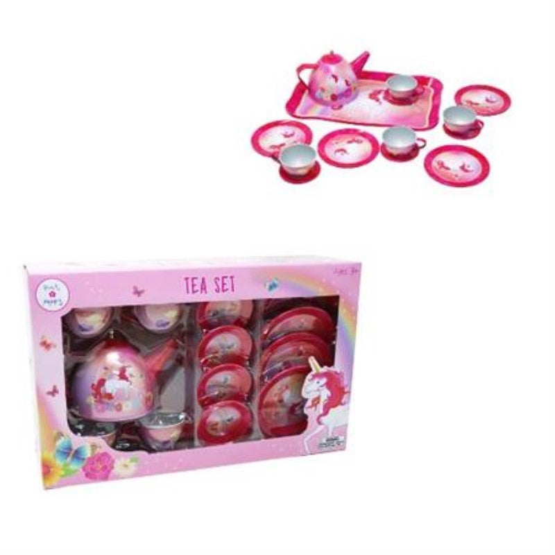 Colorful kids' tin tea set featuring unicorns and butterflies, perfect for imaginative play and tea parties for four.