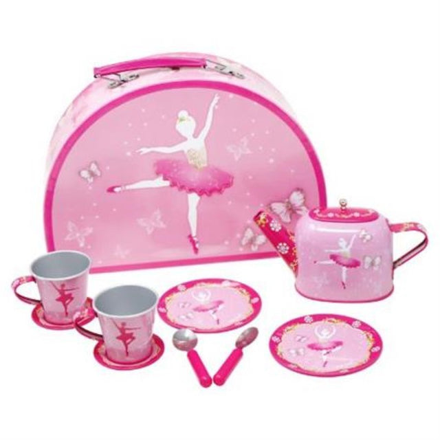 Colorful tin tea set for 2, inspired by Butterfly Ballet, includes 9 lightweight pieces in a matching carry case for imaginative play.