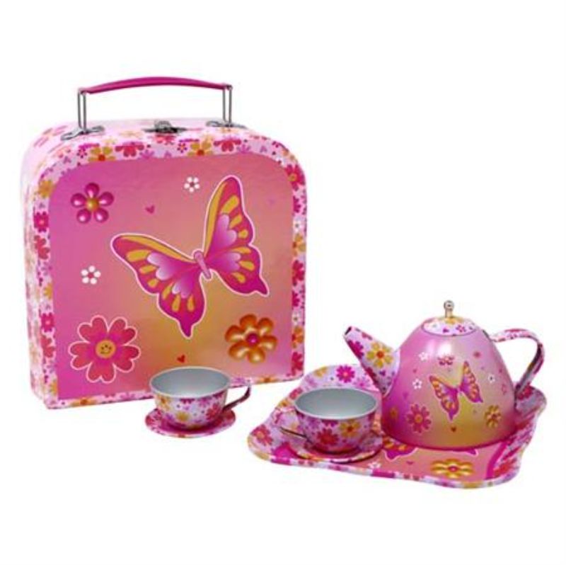 Colorful tin tea set in carry case, featuring butterfly illustrations, perfect for imaginative play and tea parties.