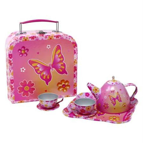 Colorful tin tea set in carry case, featuring butterfly illustrations, perfect for imaginative play and tea parties.