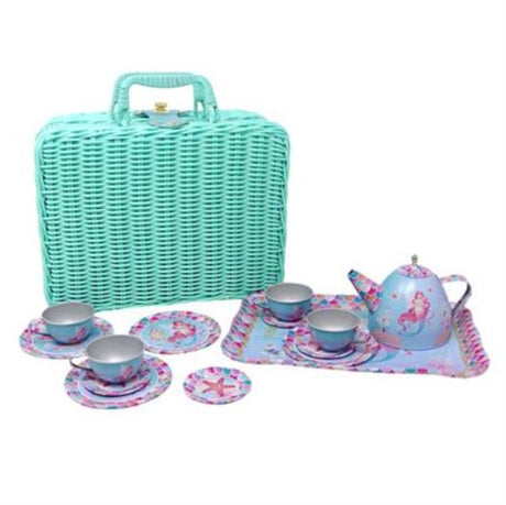 Kids' 15-piece tin tea set in a teal rattan basket with shimmering mermaid designs, perfect for imaginative play.