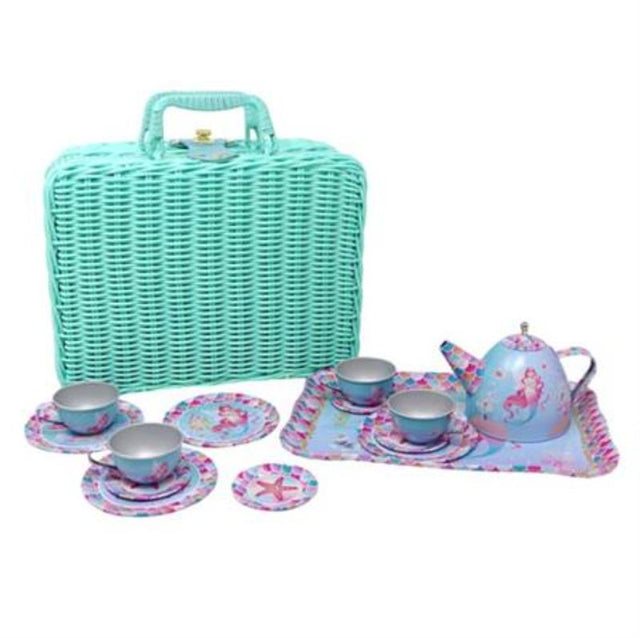 Kids' 15-piece tin tea set in a teal rattan basket with shimmering mermaid designs, perfect for imaginative play.