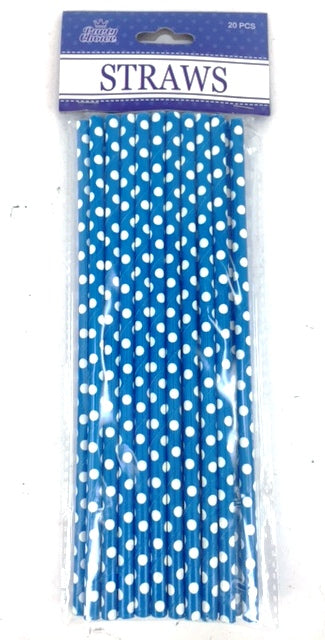 Blue polka dot paper straws, eco-friendly and stylish, perfect for parties and gatherings, pack of 20.