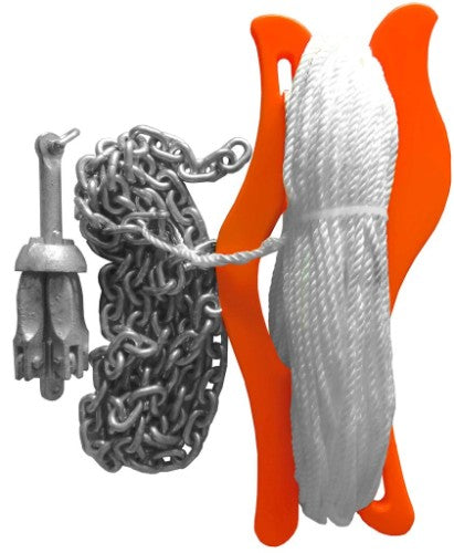Kayak Anchor Pack with Winder featuring a 0.7 kg grapnel anchor, 2m chain, and 50m vibrant orange floating rope for secure anchoring.