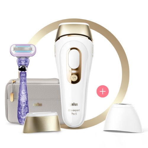 A sleek Braun SILK-EXPERT PRO 5 IPL device for safe, fast, and effective at-home hair removal with adjustable intensity settings.