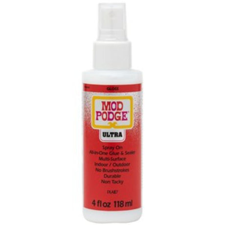 Mod Podge Ultra Gloss 4oz spray bottle for crafting, providing a strong, quick-drying gloss sealer with a self-leveling finish.