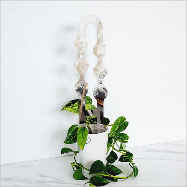 Stylish Bubble Mirror plant support stake in ACM silver, ideal for climbing plants like Monstera, 50cm tall for indoor/outdoor use.