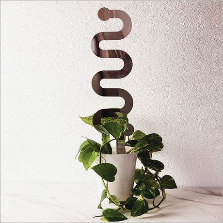 Serpent-shaped silver mirror plant support stake for climbing plants, ideal for indoor and outdoor use, elegantly designed.