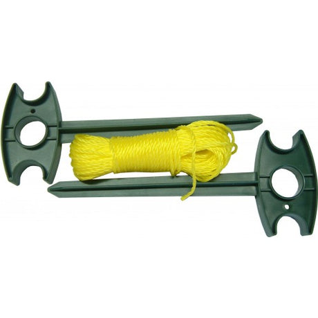 Durable gardening tool set with 2 pegs and a 15m bright yellow line for precise garden layouts and edging.