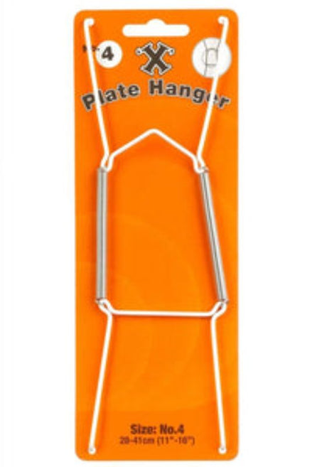 White wire plate hanger securely displays plates 28-41cm, featuring a 4 hook system for strength and elegance.