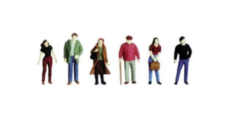 Set of six painted HO/OO city figures enhancing model railway scenes with intricate details and diverse poses for realism.