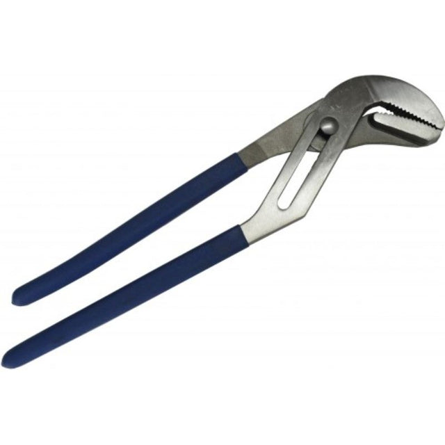 Multigrip Pliers Xcel Groove 10" with blue rubber grips, featuring a heavy steel slip jaw for plumbing and repair tasks.