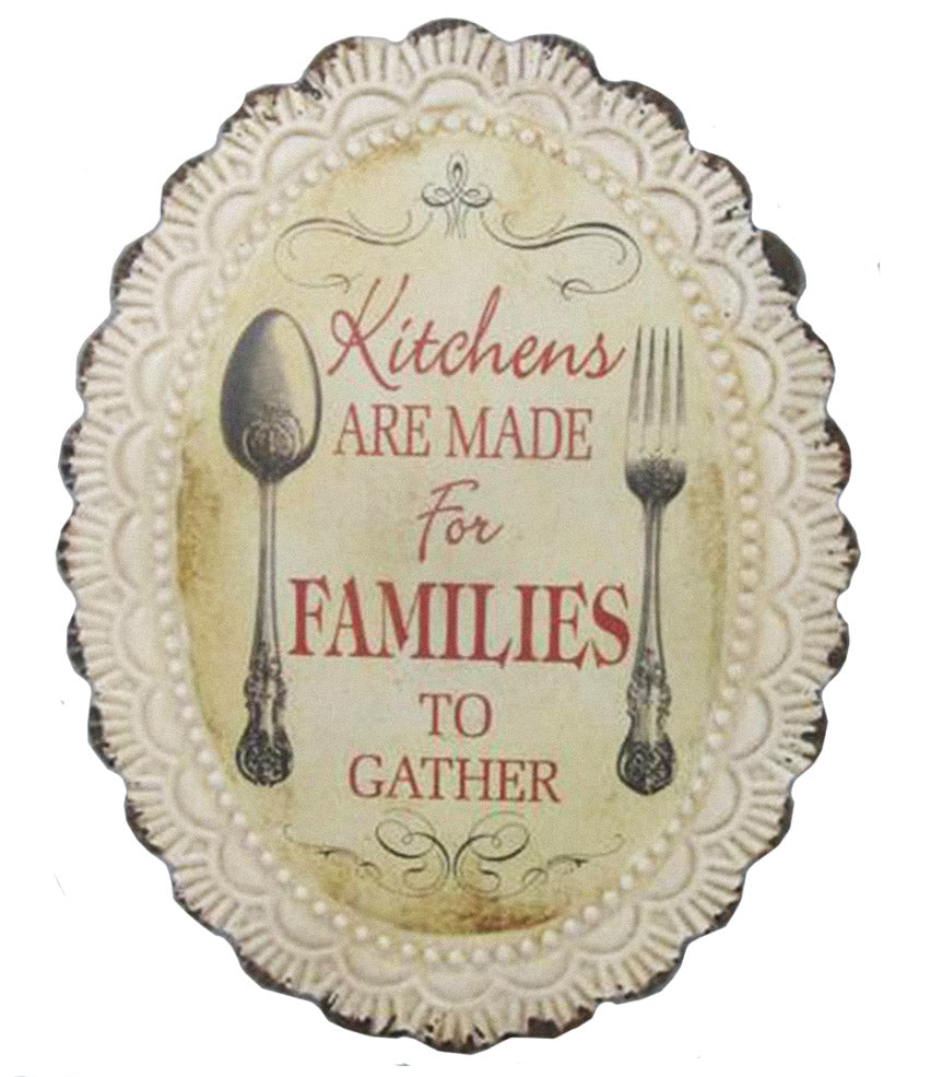 Antique-style metal plaque with 'Kitchens Are Made For Families to Gather' text, ideal for home decor and gifting.