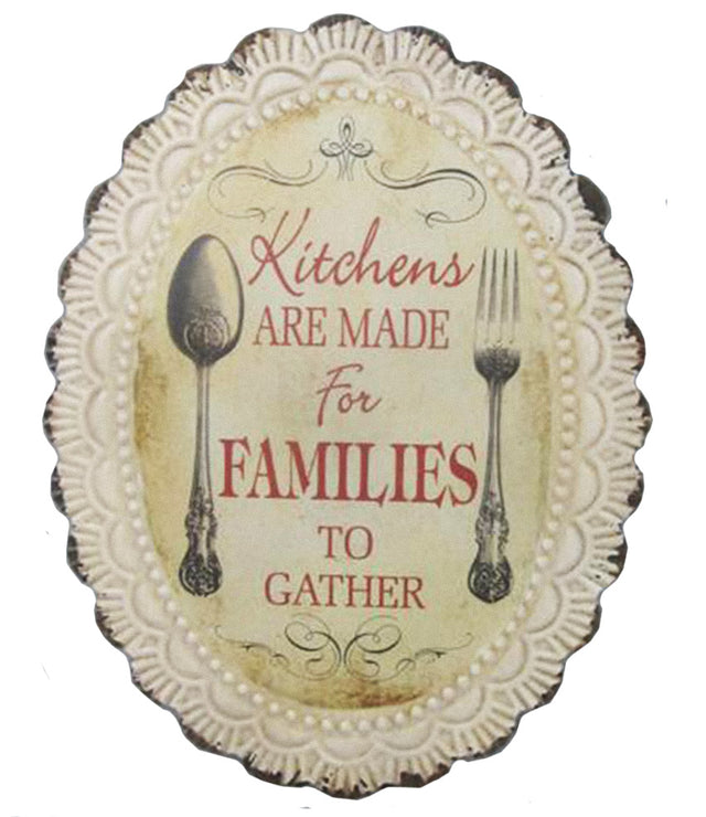 Antique-style metal plaque with 'Kitchens Are Made For Families to Gather' text, ideal for home decor and gifting.