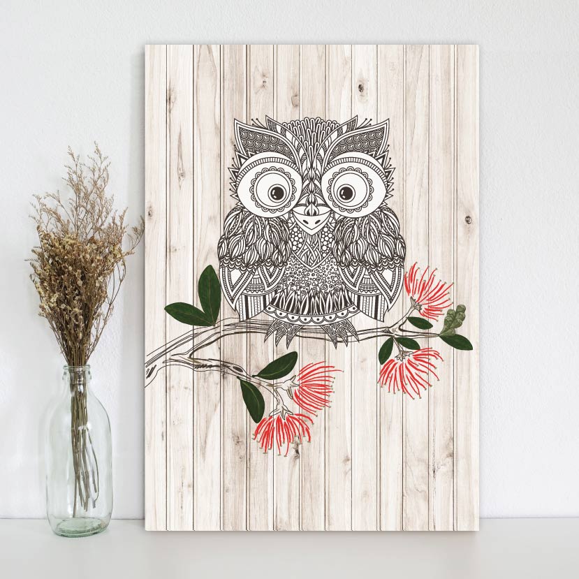 Kiwiana wall art featuring a Morepork on lightweight plywood, perfect for adding nature-inspired decor to any room.