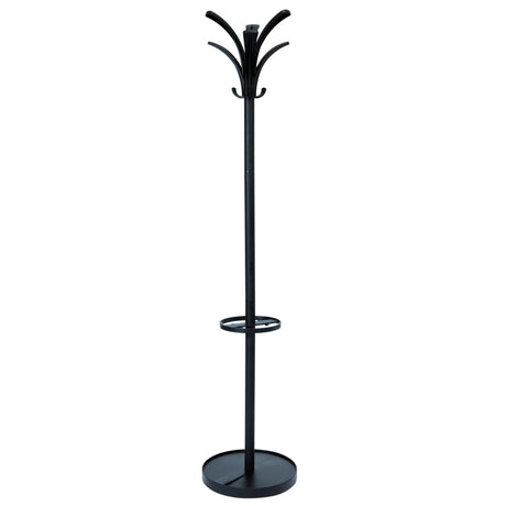 Sleek black Alba Brio coat rack with rotating head, 6 pegs for coats, 3 hooks, and umbrella holder for stylish organization.