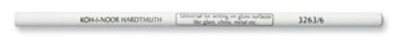 Koh I Noor white grease pencils in a wooden envelope, ideal for marking on smooth surfaces like glass and metal.