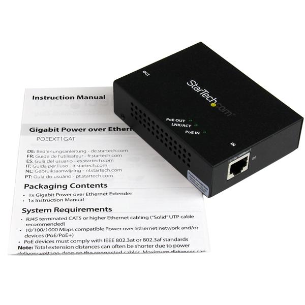 1-Port Gigabit PoE+ extender enabling 200m range for IP cameras, with daisy chain capability to reach 500m. Wall-mountable design.