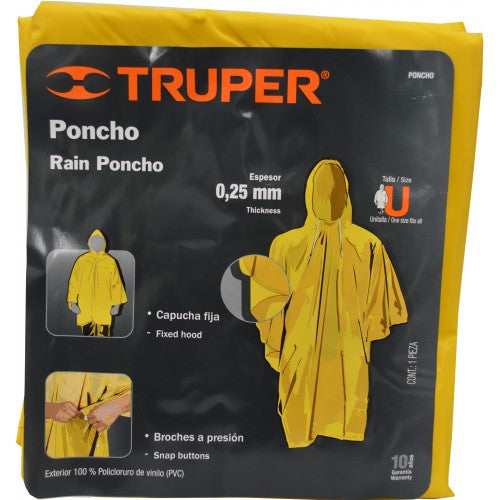 Vibrant yellow Truper Multifit rain poncho made of 100% PVC, featuring an adjustable hood and snap closures for versatile protection.