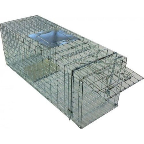 Folding possum trap (660mm), designed for humane trapping, compact, sturdy galvanised metal, one-door with step trigger.