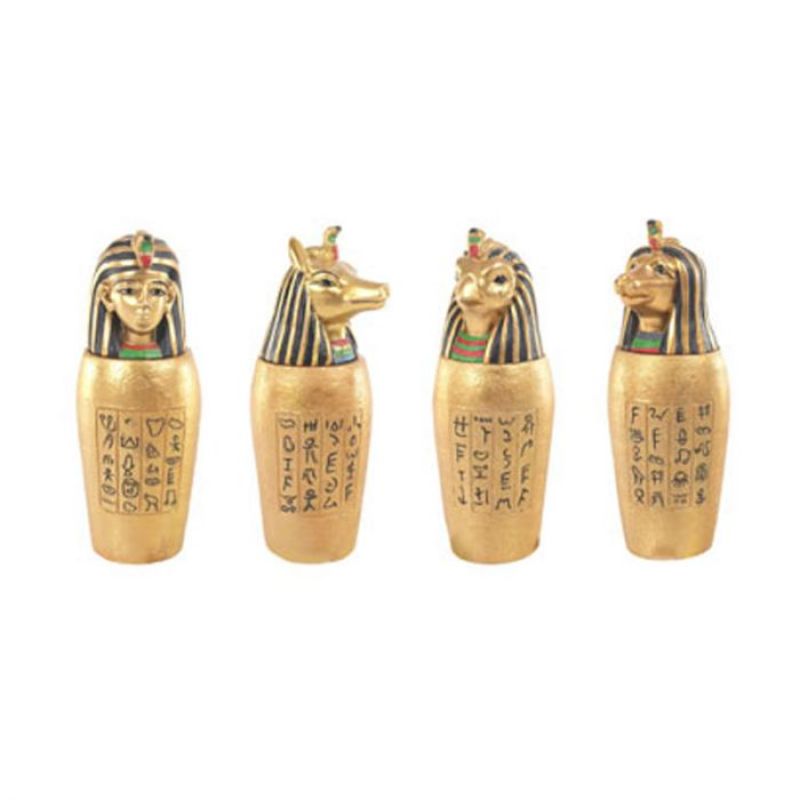 Set of 4 gold Egyptian canopic jars, each 12cm tall, crafted from resin, perfect for decor or treasure storage.