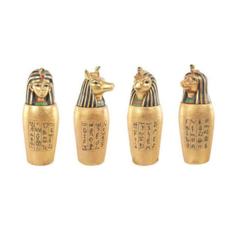 Set of 4 gold Egyptian canopic jars, each 12cm tall, crafted from resin, perfect for decor or treasure storage.