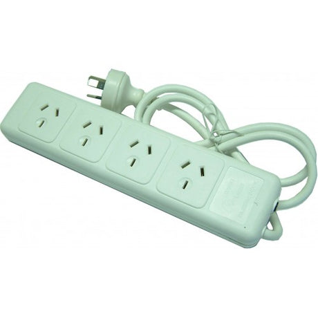 4-outlet power box with overload protection, SAA approved, rated 10 AMP, perfect for home and office device connectivity.