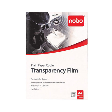 Nobo OHP Film Plain Copier Pk20 - high-quality, double-sided film for clear overhead projections, compatible with most photocopiers.