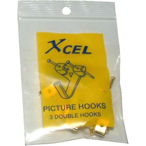 Xcel Double Picture/Mirror Hooks in brass-plated steel, 108 hooks total, ideal for secure wall decor installation.