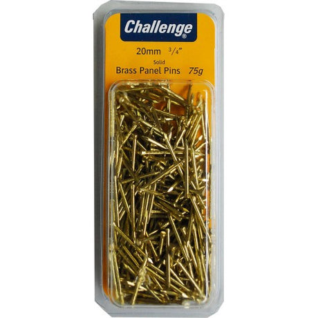 Brass panel pins in 75g pack, 1.4mm thick, ideal for delicate woodworking, rust-resistant with bayonet design for easy use.