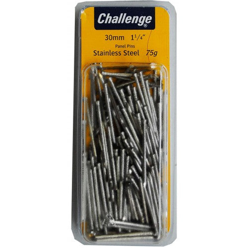 Stainless bayonet panel pins, 30mm, 1.6mm thick, rust-resistant for woodworking, 75g pack for DIY and professional use.