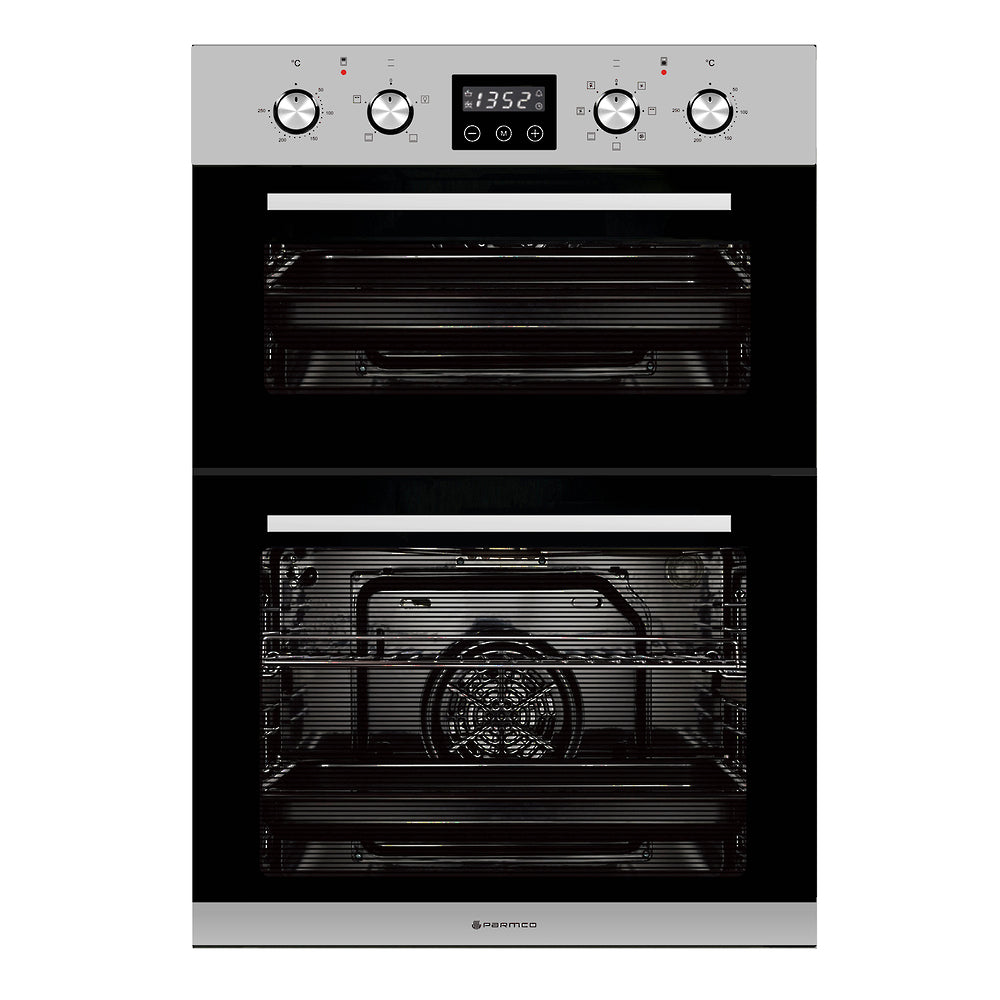 Stainless steel Parmco Double Oven with 7+4 functions, 59L main and 35L top capacity for versatile cooking.