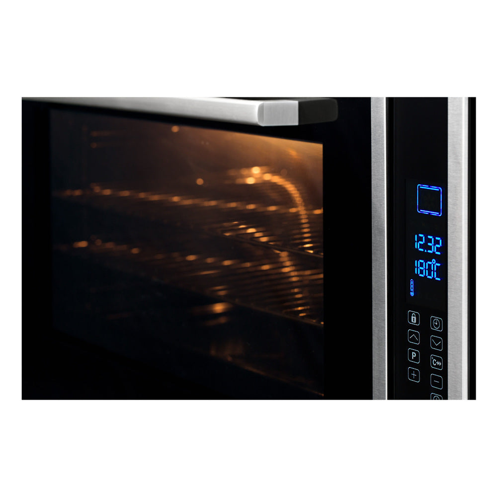 900mm stainless steel electric oven with touch control, 10 functions, 105L capacity, and energy-efficient design.